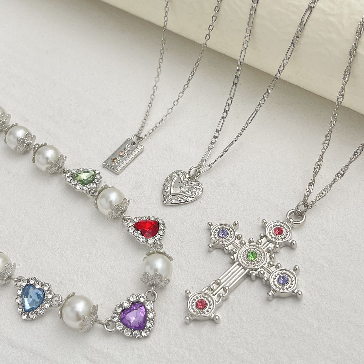 Salircon 3pcs/set Fashion Luxury Imitation Pearl Rhinestone Flower Beads Choker Necklace Men Exquisite Cross Pendant Jewelry