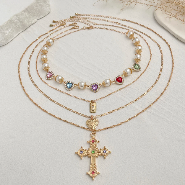 Salircon 3pcs/set Fashion Luxury Imitation Pearl Rhinestone Flower Beads Choker Necklace Men Exquisite Cross Pendant Jewelry