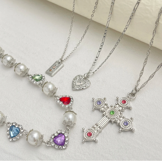 Salircon 3pcs/set Fashion Luxury Imitation Pearl Rhinestone Flower Beads Choker Necklace Men Exquisite Cross Pendant Jewelry