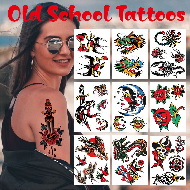 Waterproof Temporary Tattoos with Old School Tattoo Design Colorful Eagle Leopard Butterfly and Flower Tattoos Body Art