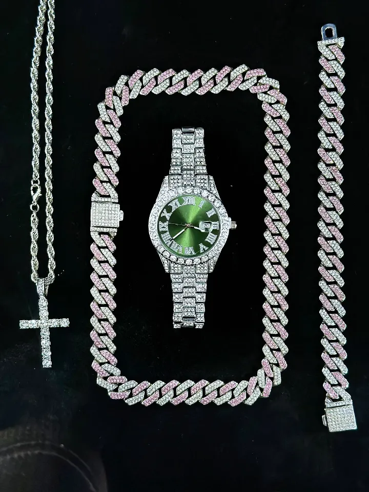 4Pcs/Set Personalized Handsome Hip Hop Men's Quartz Watch Set 1Pcs Watch+3Pcs Jewelry Set Fashionable Men's Selected Watch Set(1*watch 1*bracelet 1*necklace 1*cross necklace）