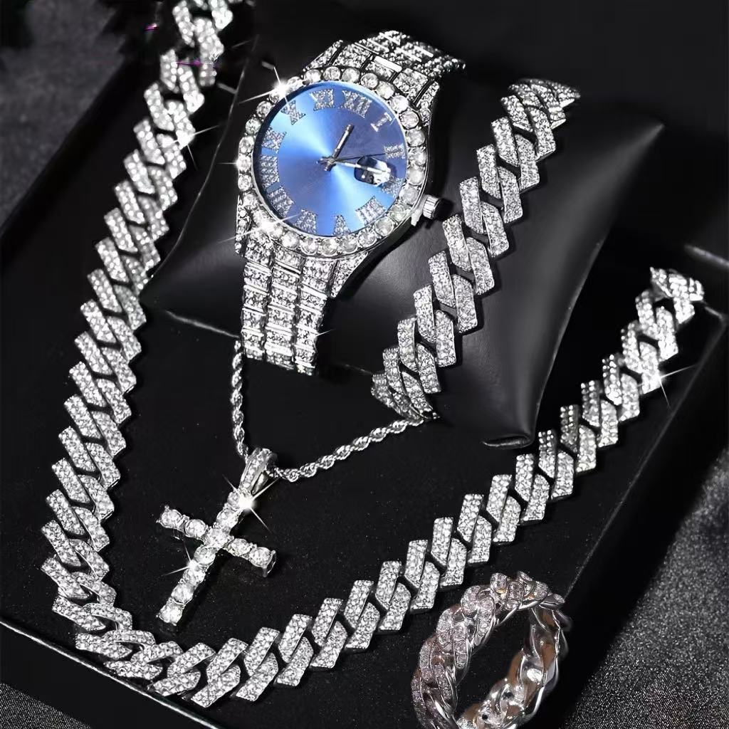 Exquisite Watch Set Gift Box Cuban Chain Diamond Water Diamond Bracelet Pendant Cross Ring Hip Hop Fashion Jewelry 5-piece/Set for Men and Women's Party