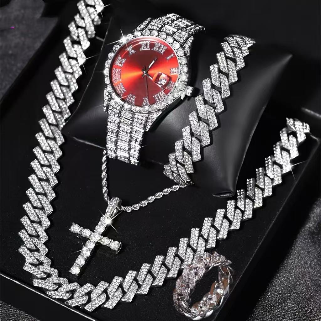 Exquisite Watch Set Gift Box Cuban Chain Diamond Water Diamond Bracelet Pendant Cross Ring Hip Hop Fashion Jewelry 5-piece/Set for Men and Women's Party
