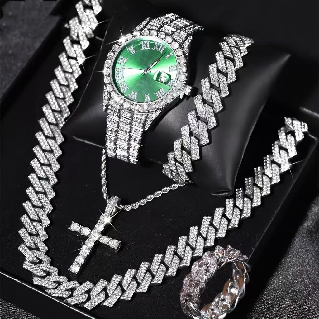 Exquisite Watch Set Gift Box Cuban Chain Diamond Water Diamond Bracelet Pendant Cross Ring Hip Hop Fashion Jewelry 5-piece/Set for Men and Women's Party