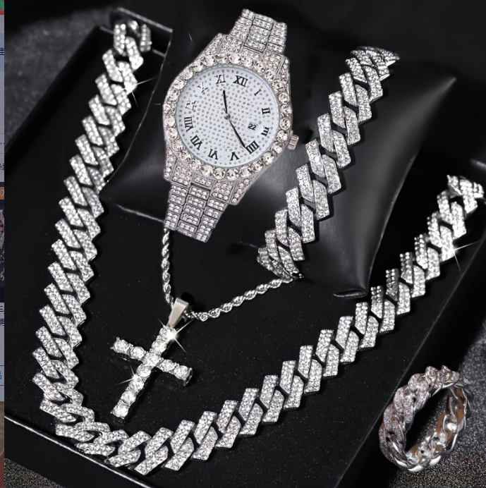 Exquisite Watch Set Gift Box Cuban Chain Diamond Water Diamond Bracelet Pendant Cross Ring Hip Hop Fashion Jewelry 5-piece/Set for Men and Women's Party