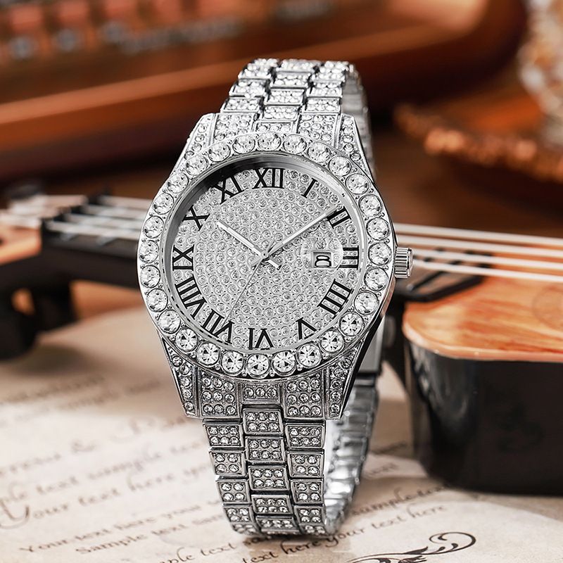 Exquisite Watch Set Gift Box Cuban Chain Diamond Water Diamond Bracelet Pendant Cross Ring Hip Hop Fashion Jewelry 5-piece/Set for Men and Women's Party