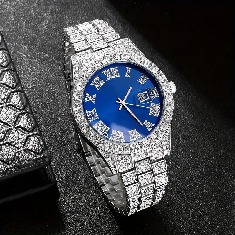 Exquisite Watch Set Gift Box Cuban Chain Diamond Water Diamond Bracelet Pendant Cross Ring Hip Hop Fashion Jewelry 5-piece/Set for Men and Women's Party