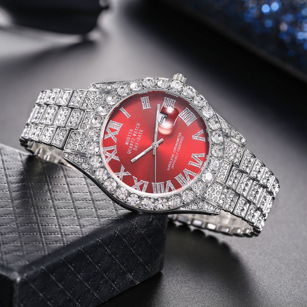 Exquisite Watch Set Gift Box Cuban Chain Diamond Water Diamond Bracelet Pendant Cross Ring Hip Hop Fashion Jewelry 5-piece/Set for Men and Women's Party