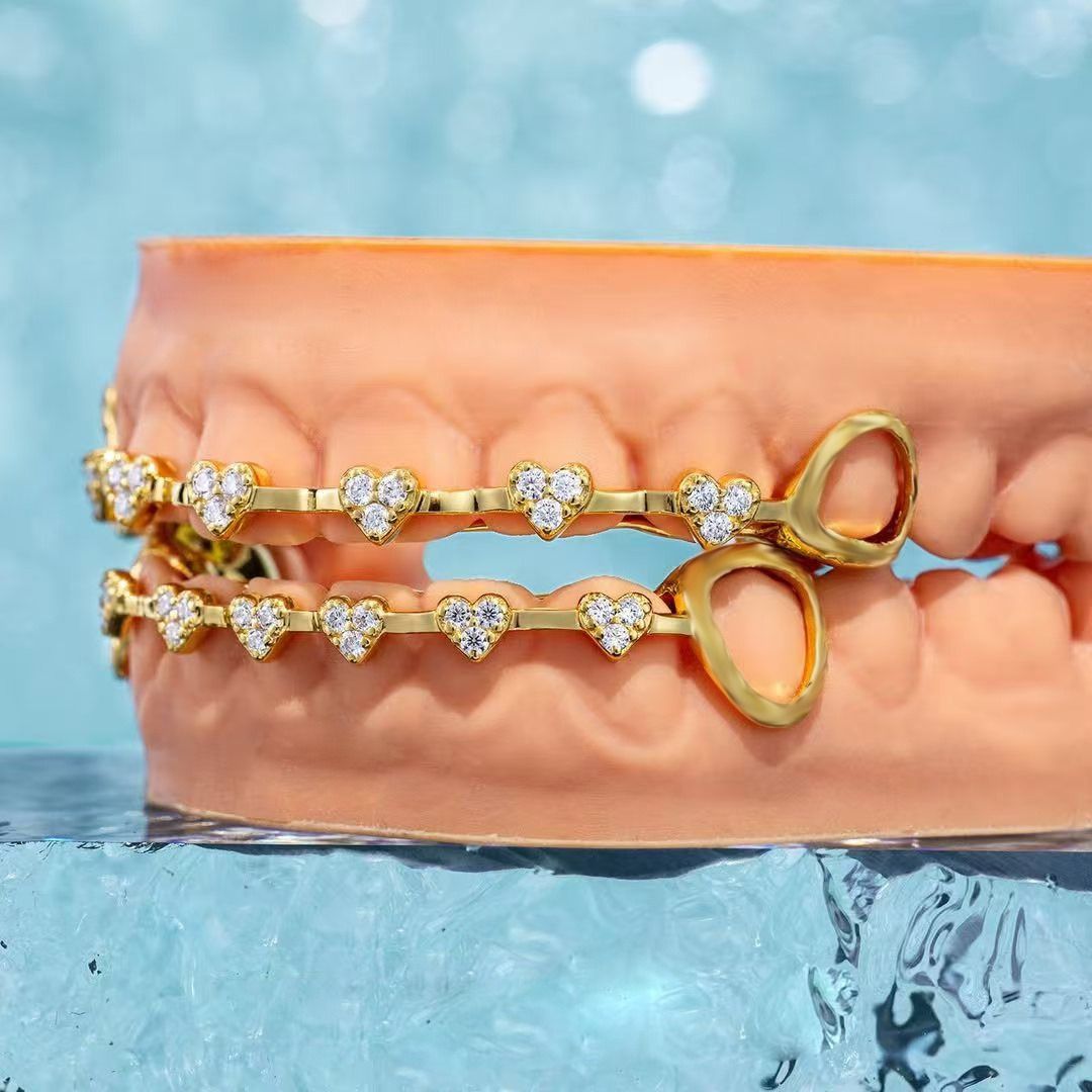 Hip hop braces with real gold electroplating 8-tooth micro inlaid with love and full diamonds cross-border HIPHOP braces Halloween hip-hop accessories