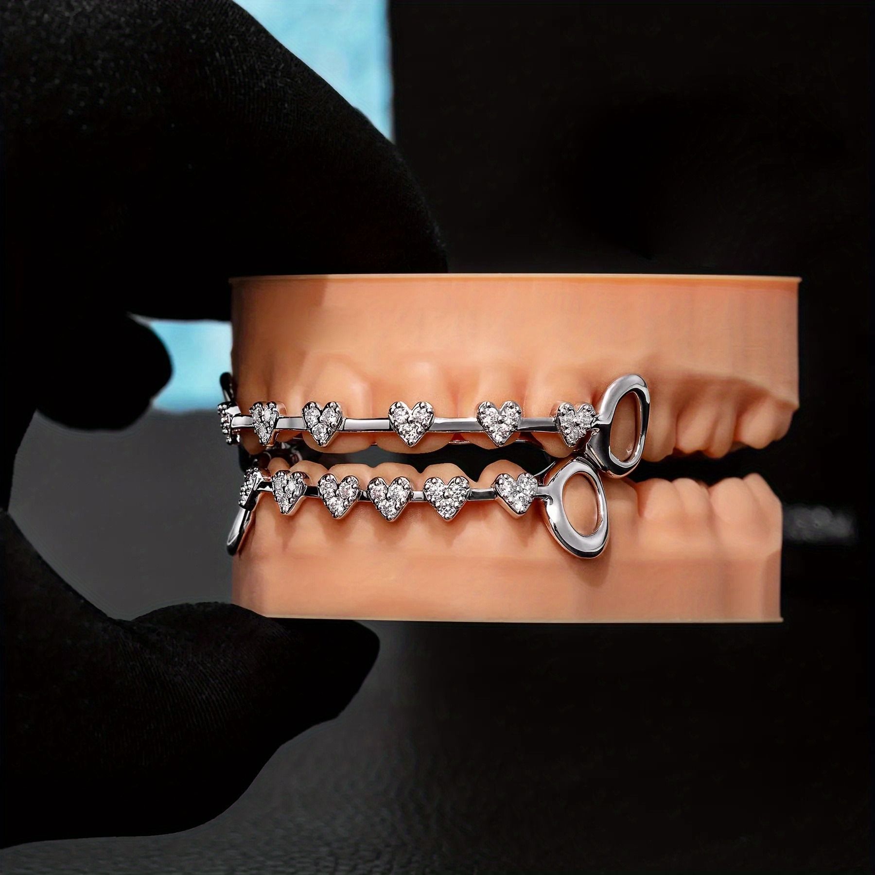 Hip hop braces with real gold electroplating 8-tooth micro inlaid with love and full diamonds cross-border HIPHOP braces Halloween hip-hop accessories