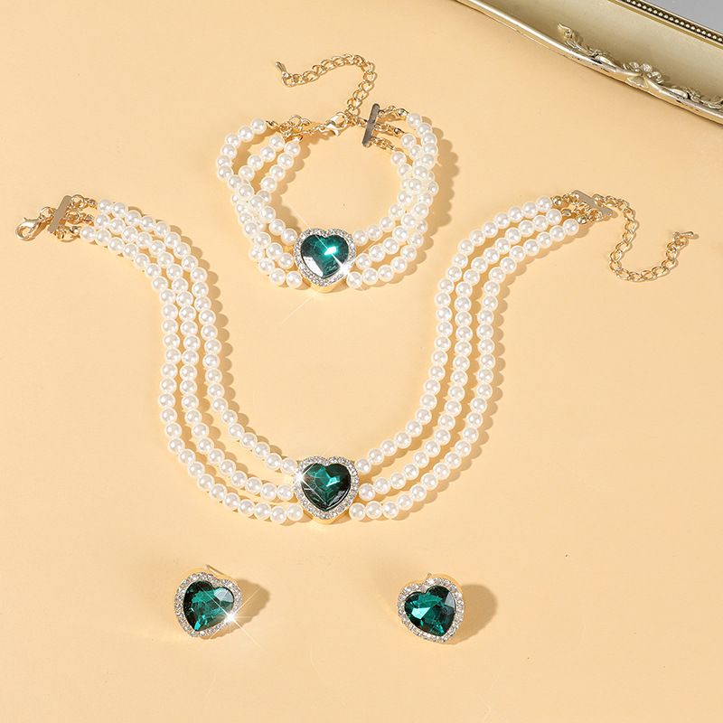 New luxury heart-shaped choker jewelry, bridal peach heart crystal imitation pearl earring necklace, 3 pieces/set