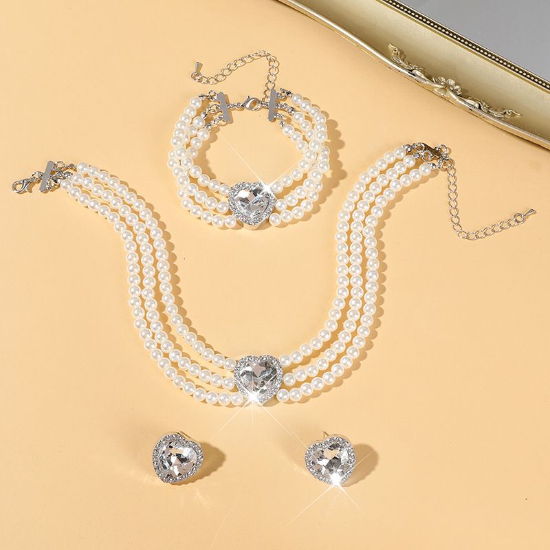 New luxury heart-shaped choker jewelry, bridal peach heart crystal imitation pearl earring necklace, 3 pieces/set