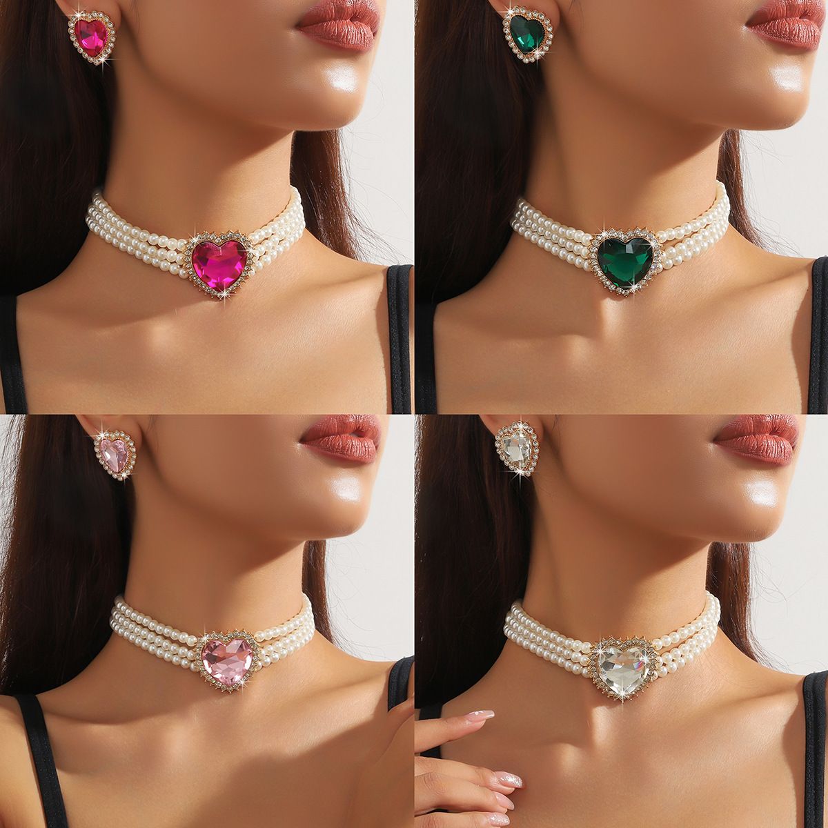 New luxury heart-shaped choker jewelry, bridal peach heart crystal imitation pearl earring necklace, 3 pieces/set