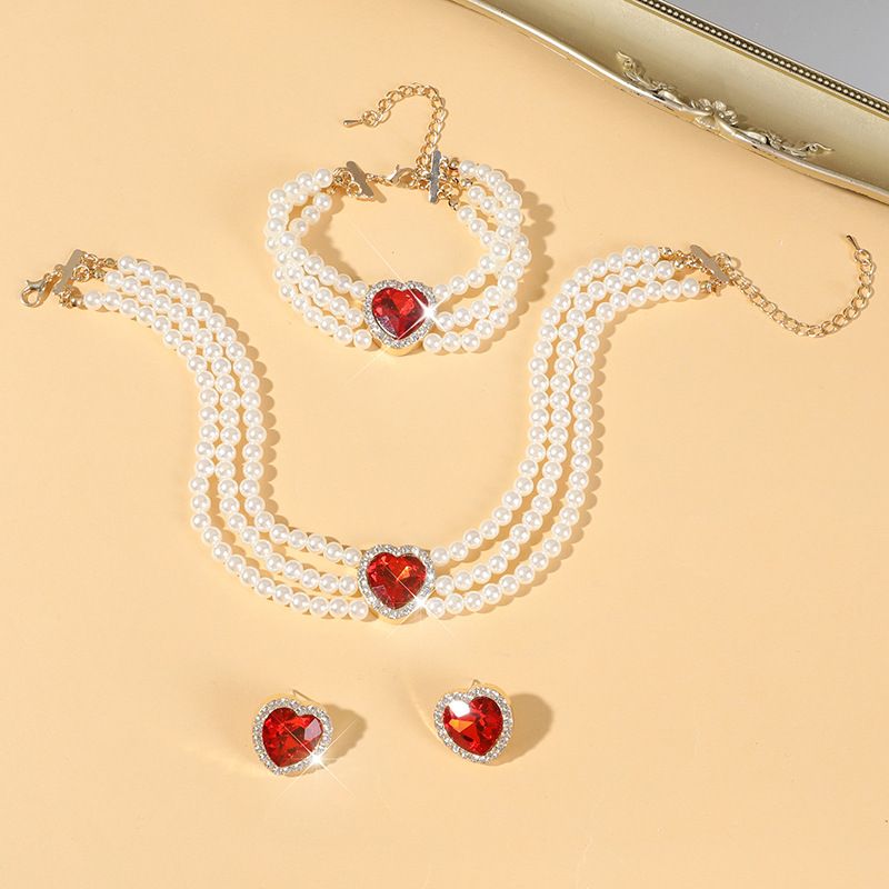 New luxury heart-shaped choker jewelry, bridal peach heart crystal imitation pearl earring necklace, 3 pieces/set