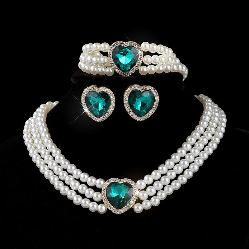 New luxury heart-shaped choker jewelry, bridal peach heart crystal imitation pearl earring necklace, 3 pieces/set