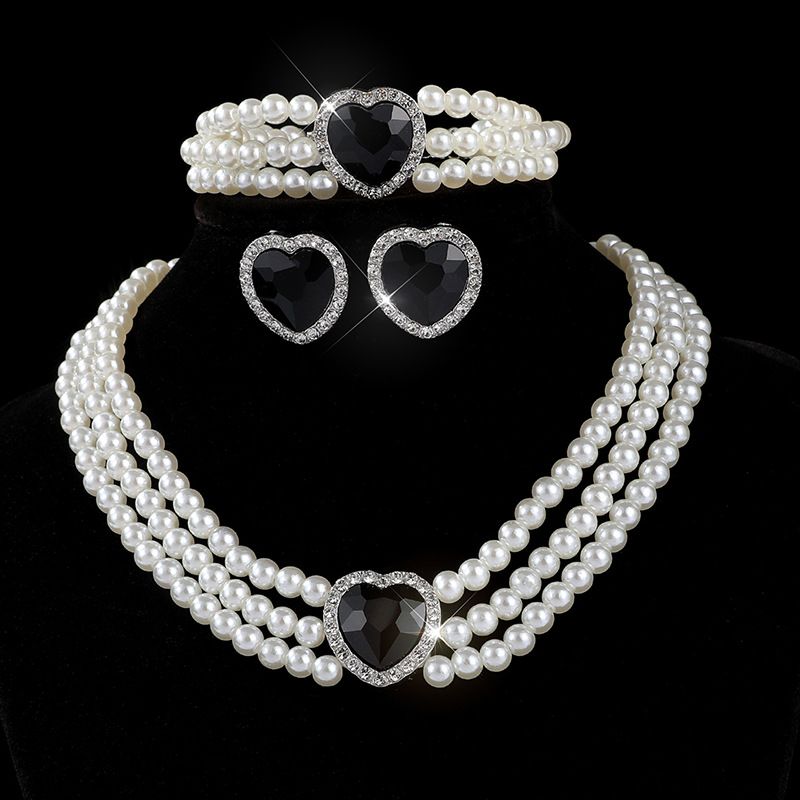 New luxury heart-shaped choker jewelry, bridal peach heart crystal imitation pearl earring necklace, 3 pieces/set