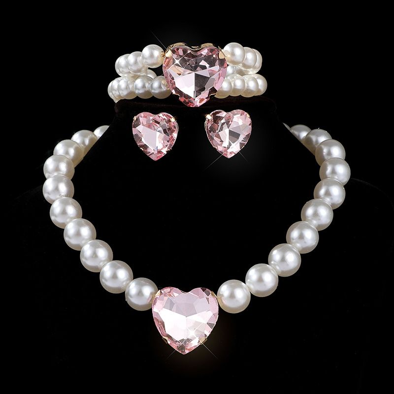 New luxury heart-shaped choker jewelry, bridal peach heart crystal imitation pearl earring necklace, 3 pieces/set