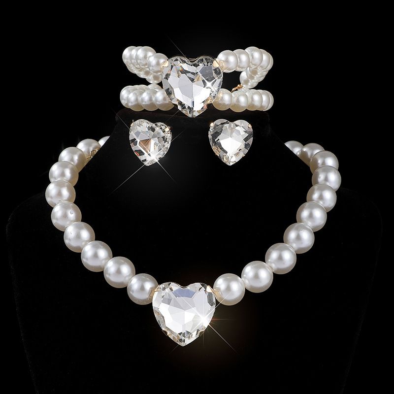 New luxury heart-shaped choker jewelry, bridal peach heart crystal imitation pearl earring necklace, 3 pieces/set