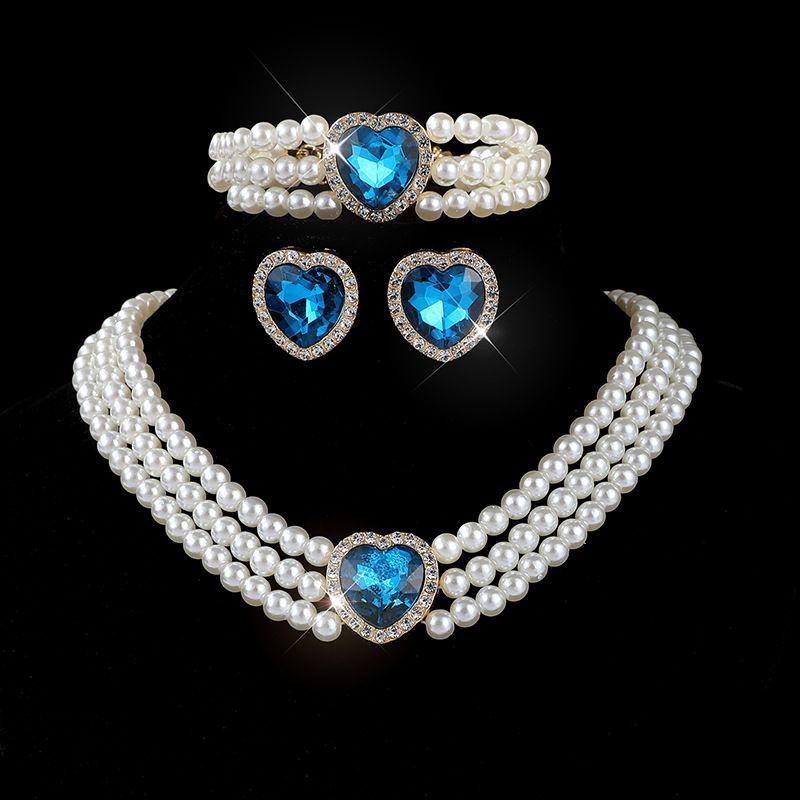New luxury heart-shaped choker jewelry, bridal peach heart crystal imitation pearl earring necklace, 3 pieces/set