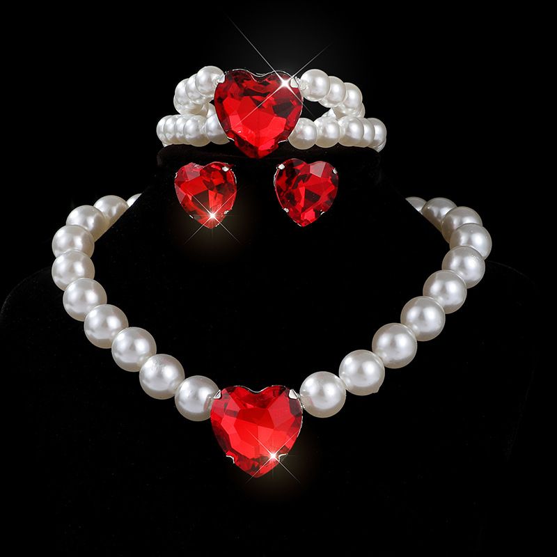 New luxury heart-shaped choker jewelry, bridal peach heart crystal imitation pearl earring necklace, 3 pieces/set