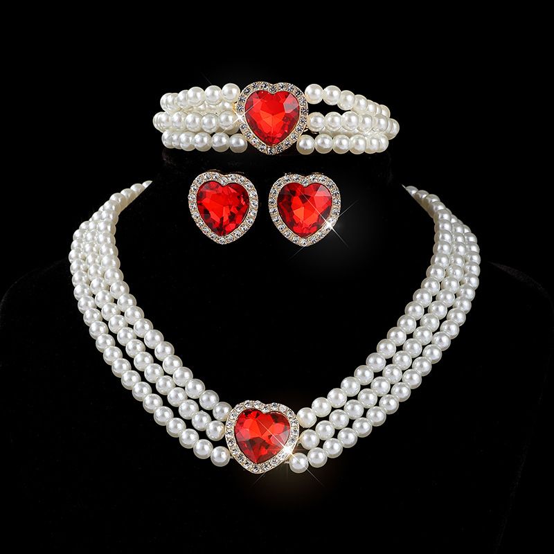 New luxury heart-shaped choker jewelry, bridal peach heart crystal imitation pearl earring necklace, 3 pieces/set