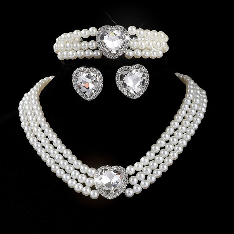 New luxury heart-shaped choker jewelry, bridal peach heart crystal imitation pearl earring necklace, 3 pieces/set