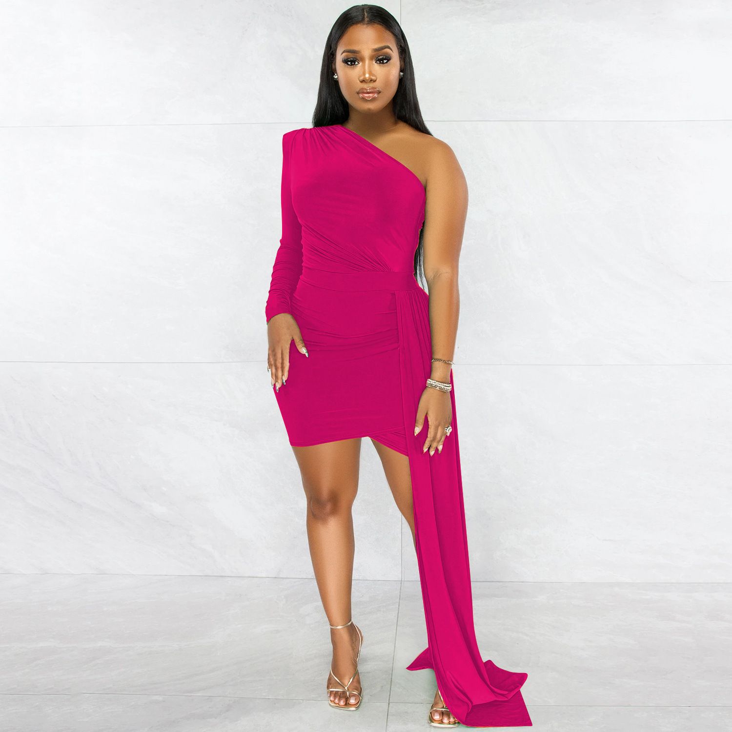 Women Sexy Club Party Style Long Dress Long Sleeve One Shoulder Pure Color Lady Floor Length Bodycon Black