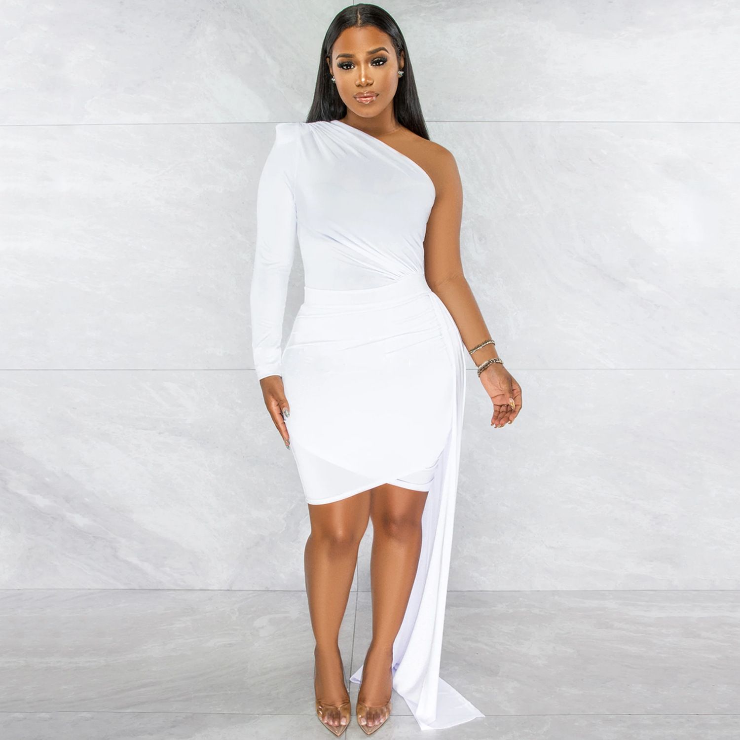 Women Sexy Club Party Style Long Dress Long Sleeve One Shoulder Pure Color Lady Floor Length Bodycon Black
