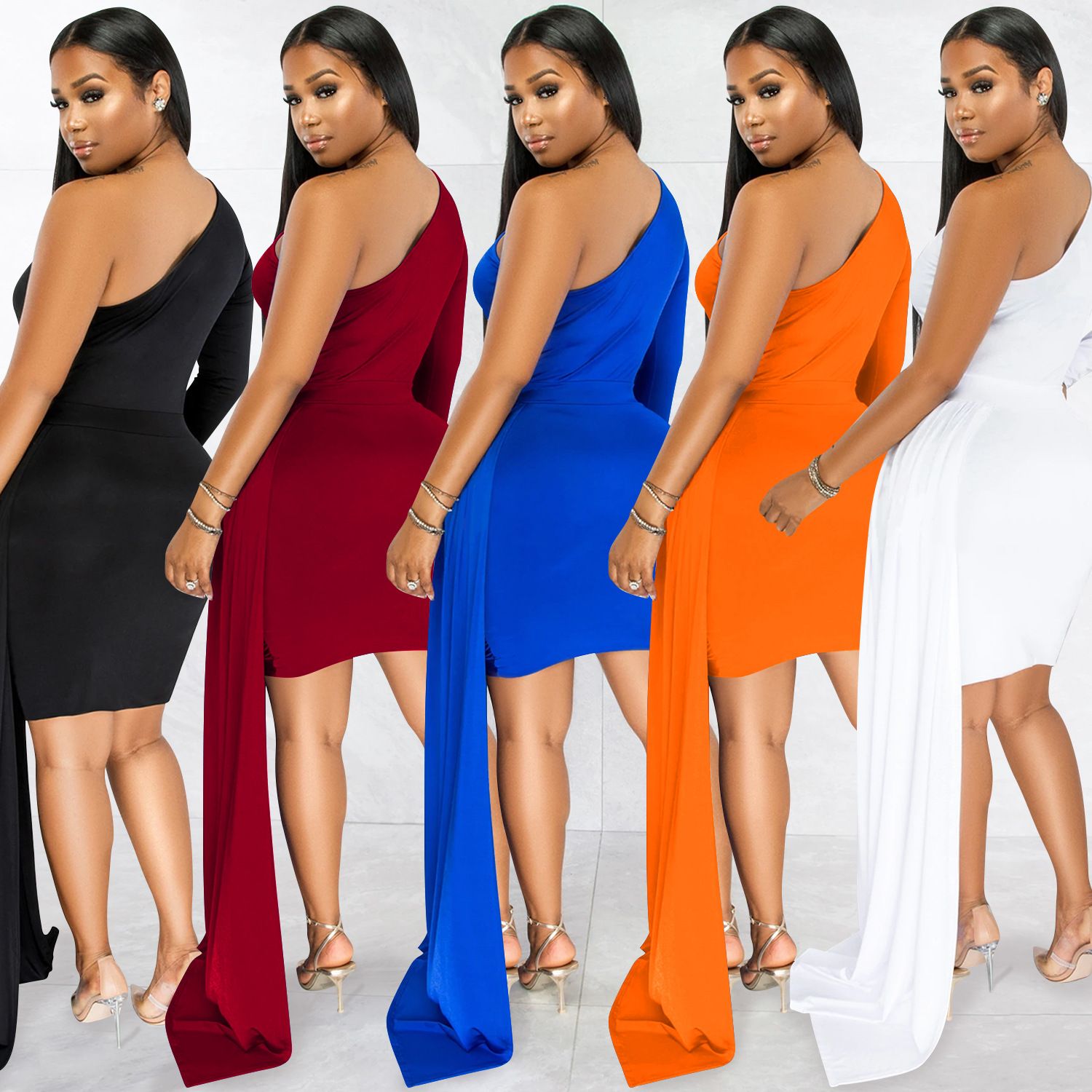Women Sexy Club Party Style Long Dress Long Sleeve One Shoulder Pure Color Lady Floor Length Bodycon Black