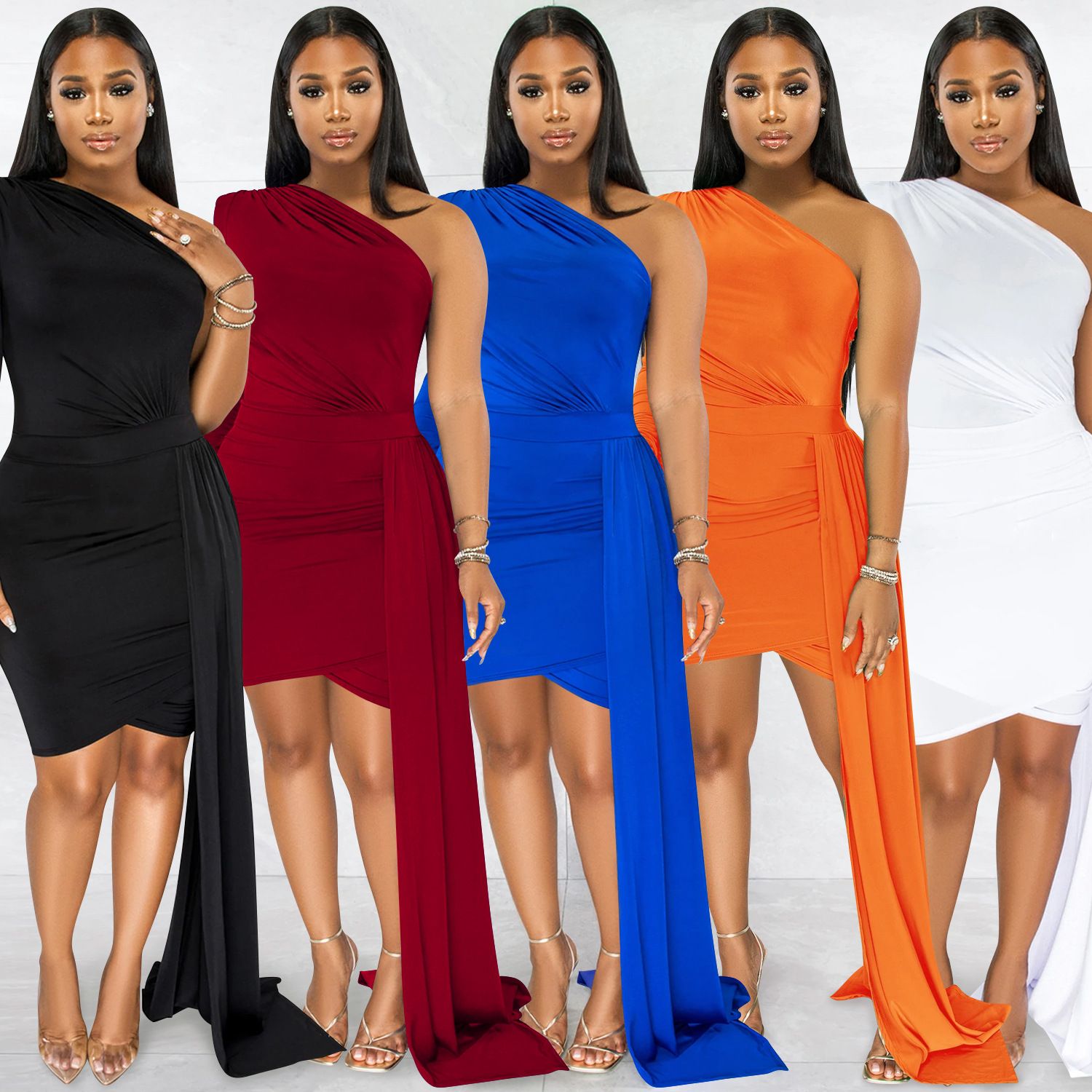 Women Sexy Club Party Style Long Dress Long Sleeve One Shoulder Pure Color Lady Floor Length Bodycon Black