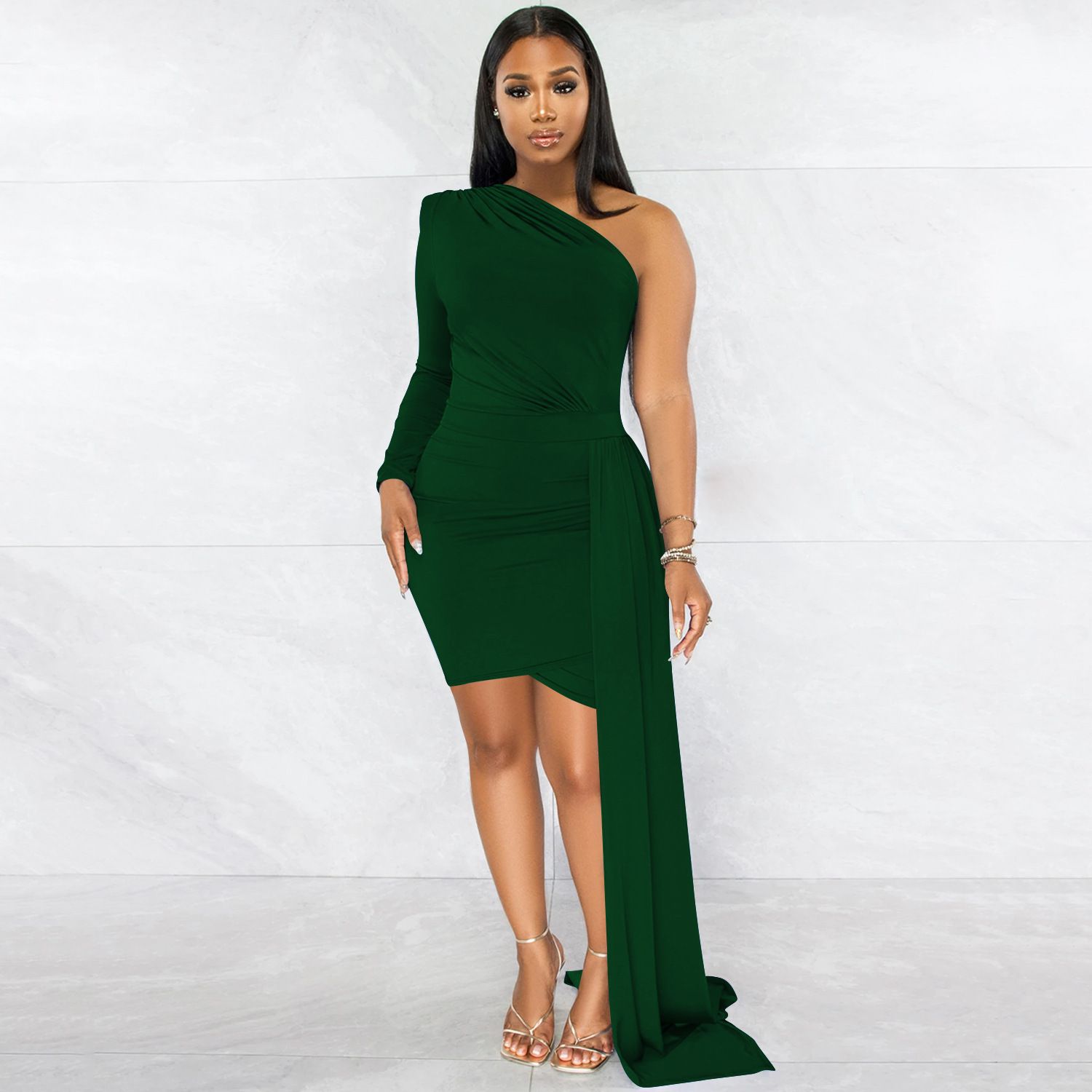 Women Sexy Club Party Style Long Dress Long Sleeve One Shoulder Pure Color Lady Floor Length Bodycon Black