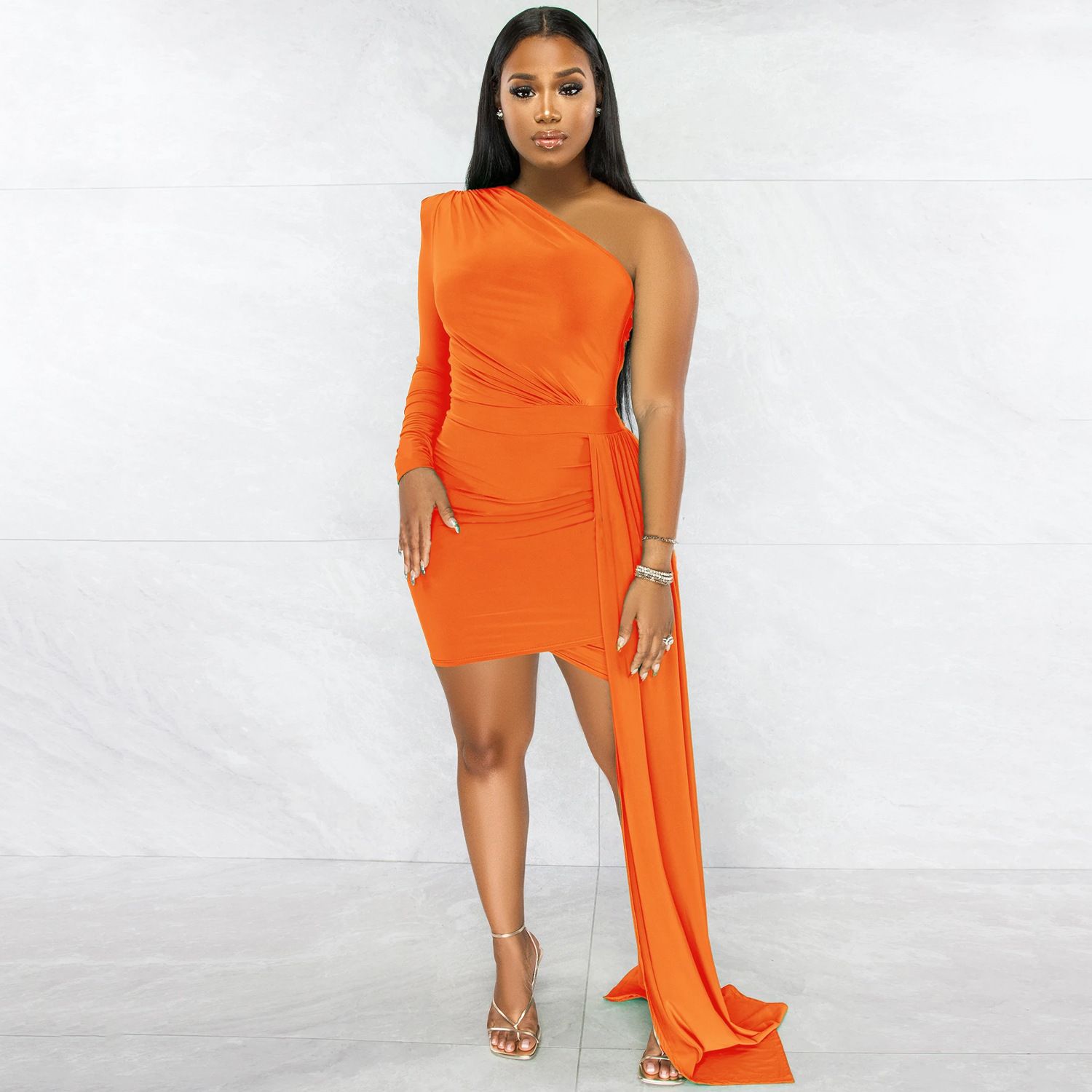 Women Sexy Club Party Style Long Dress Long Sleeve One Shoulder Pure Color Lady Floor Length Bodycon Black