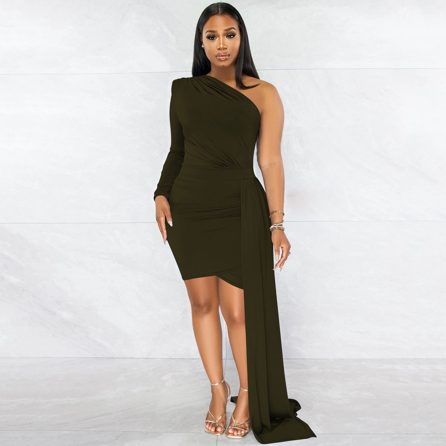 Women Sexy Club Party Style Long Dress Long Sleeve One Shoulder Pure Color Lady Floor Length Bodycon Black