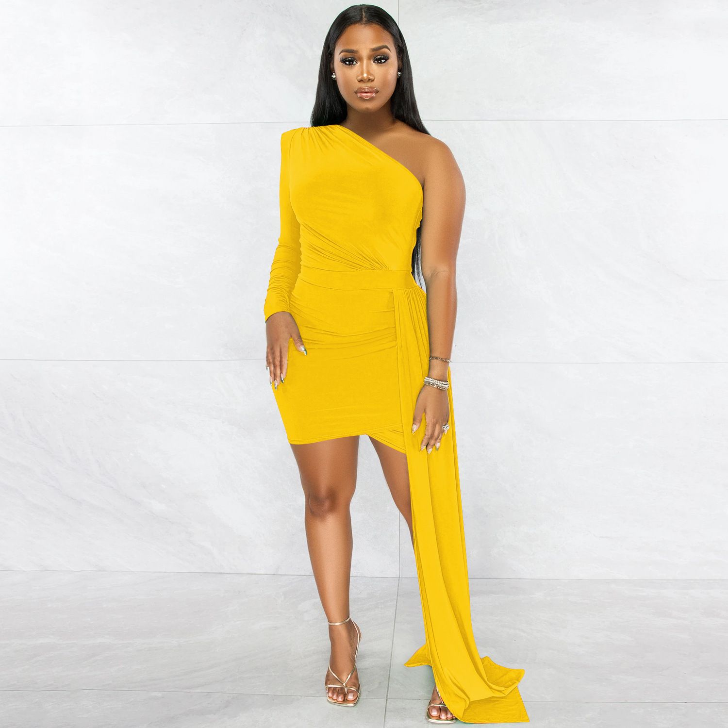 Women Sexy Club Party Style Long Dress Long Sleeve One Shoulder Pure Color Lady Floor Length Bodycon Black