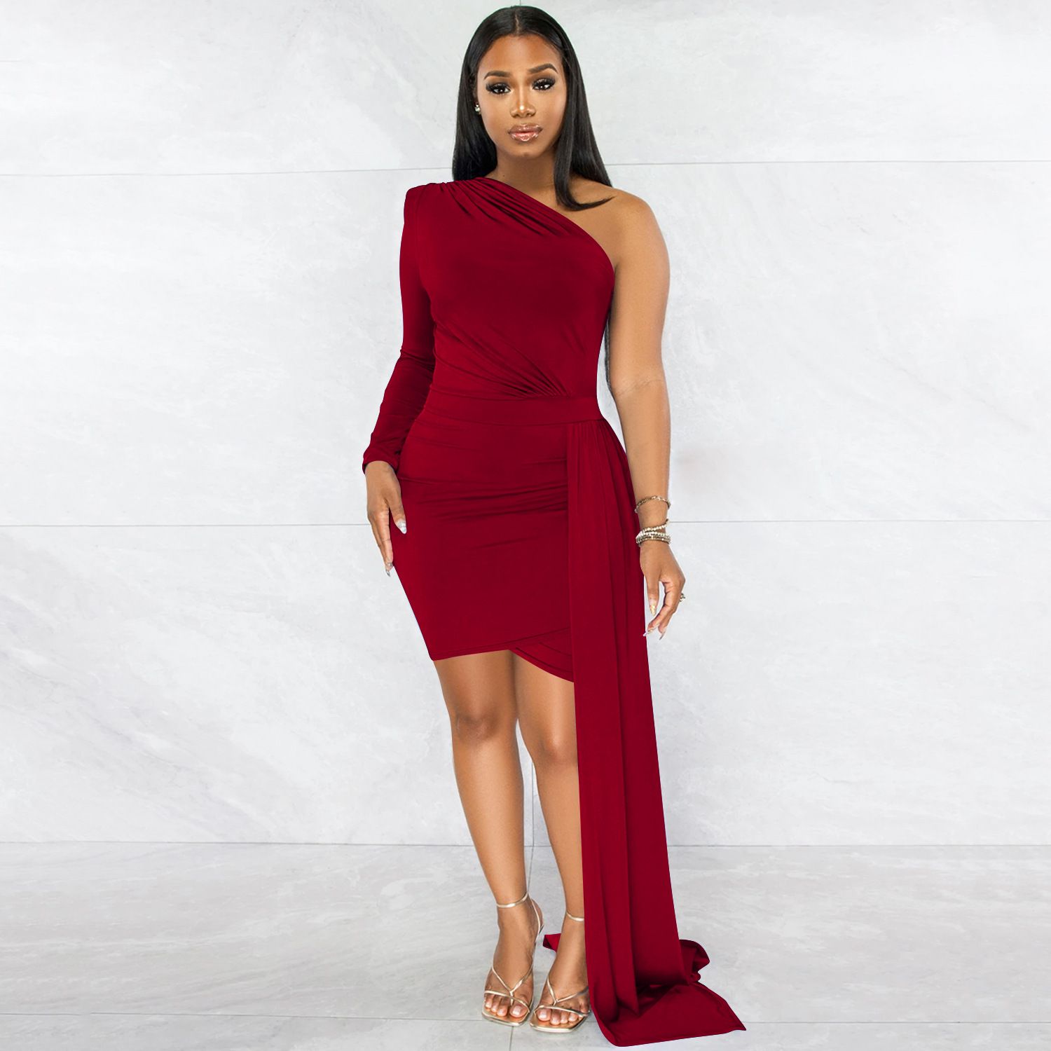 Women Sexy Club Party Style Long Dress Long Sleeve One Shoulder Pure Color Lady Floor Length Bodycon Black