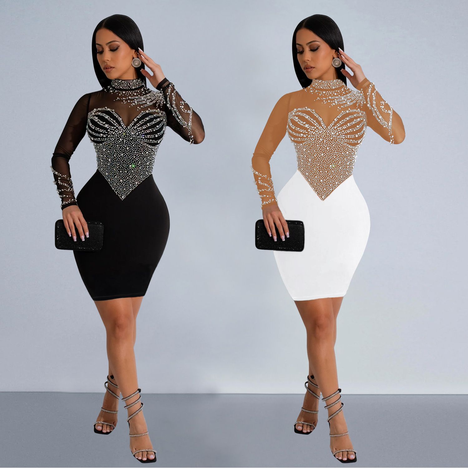 Beyprern Women's Black Mesh Bust Pearls & Rhinestone Décor Long Maxi Dress Glam See-Through Crystal Party Dress Birthday Outfits