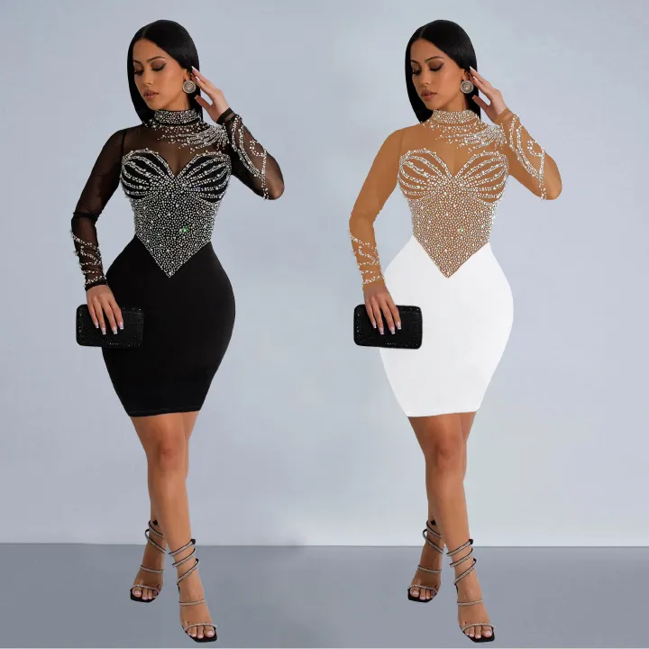 Beyprern Women's Black Mesh Bust Pearls & Rhinestone Décor Long Maxi Dress Glam See-Through Crystal Party Dress Birthday Outfits