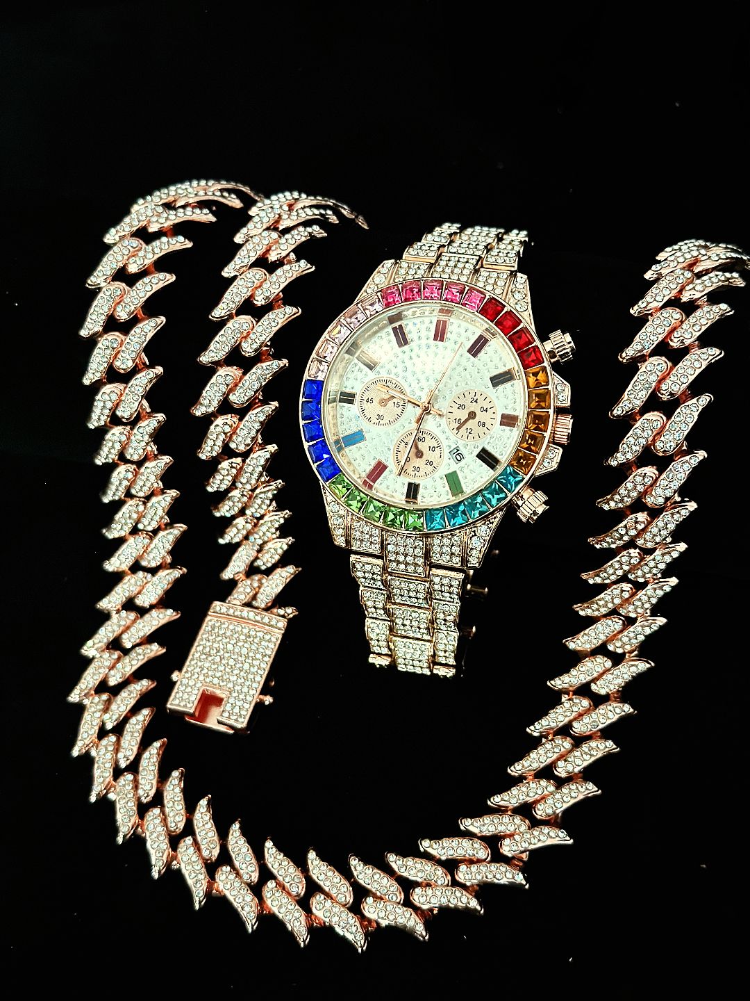 Luxury Unisex Jewelry Set Bling Icedout Cuban Necklace Watch Bracelet For Man Street Style Bar Club Rap Holiday Gifts Daily Wear（1*watch1*bracelet1*necklace）