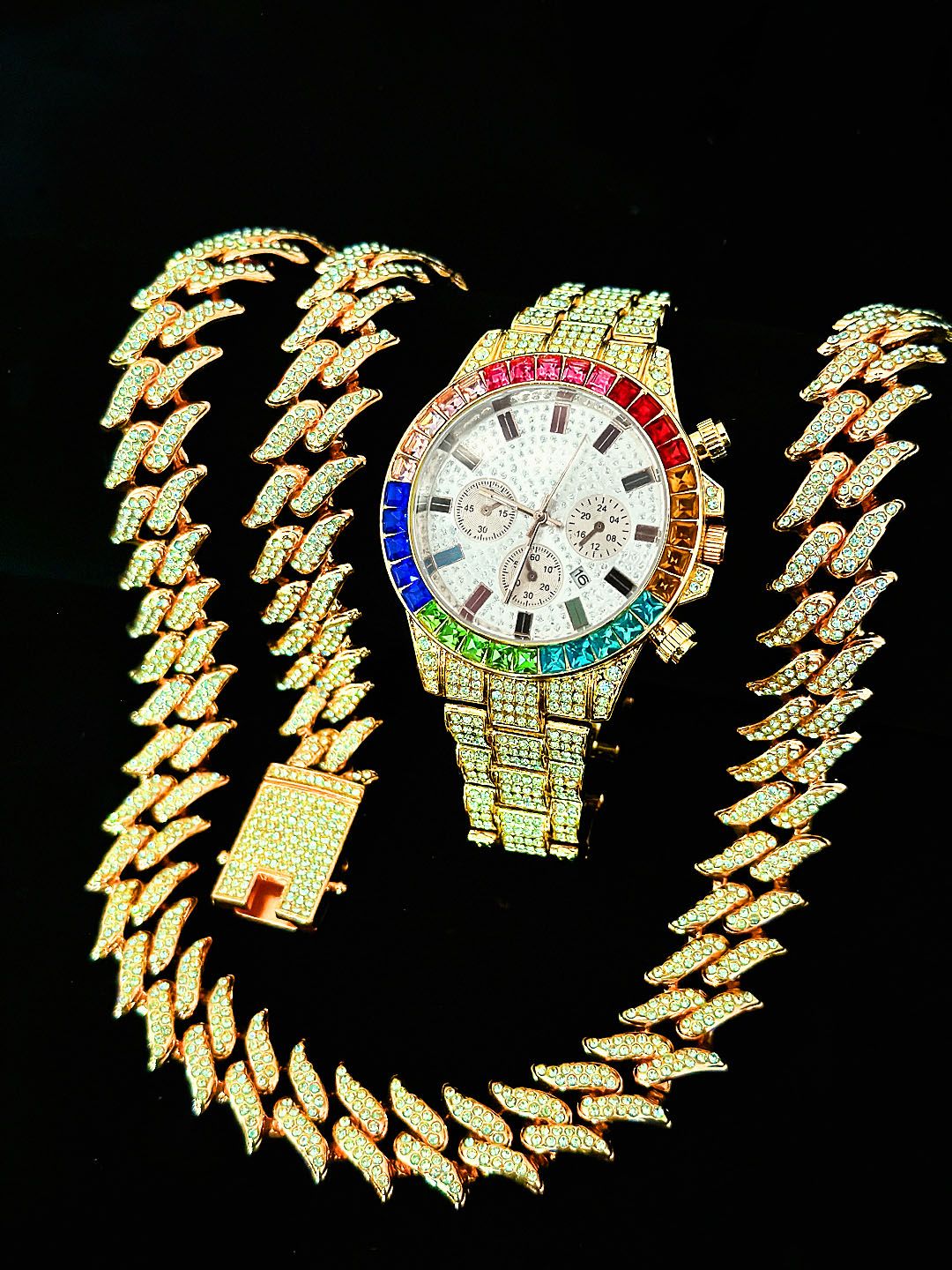 Luxury Unisex Jewelry Set Bling Icedout Cuban Necklace Watch Bracelet For Man Street Style Bar Club Rap Holiday Gifts Daily Wear（1*watch1*bracelet1*necklace）