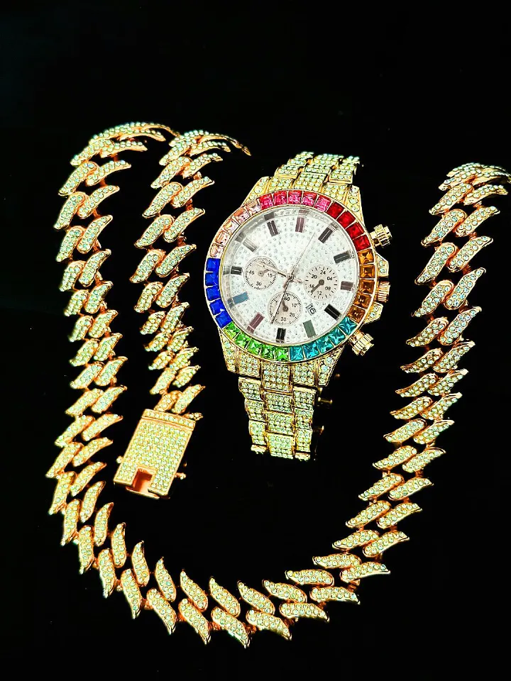 Luxury Unisex Jewelry Set Bling Icedout Cuban Necklace Watch Bracelet For Man Street Style Bar Club Rap Holiday Gifts Daily Wear（1*watch1*bracelet1*necklace）