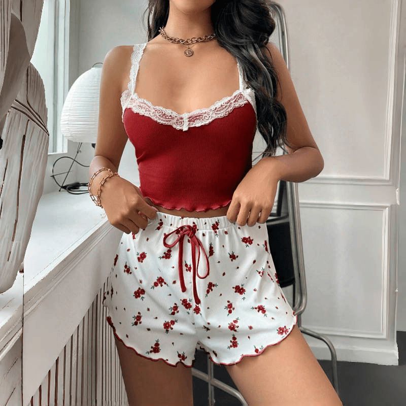 Women 2psc Pajama Set Pink Lace Patchwork V-Neck Sleepwear Sexy Nighties Suit Cami Top Printed Shorts Soft Pyjamas Loungewear