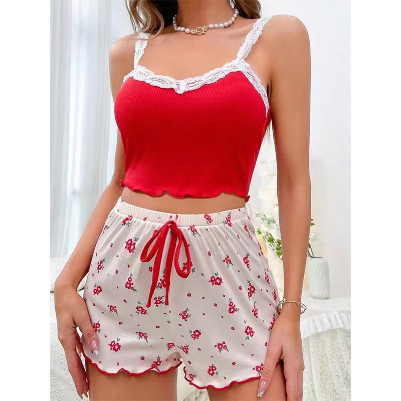 Women 2psc Pajama Set Pink Lace Patchwork V-Neck Sleepwear Sexy Nighties Suit Cami Top Printed Shorts Soft Pyjamas Loungewear