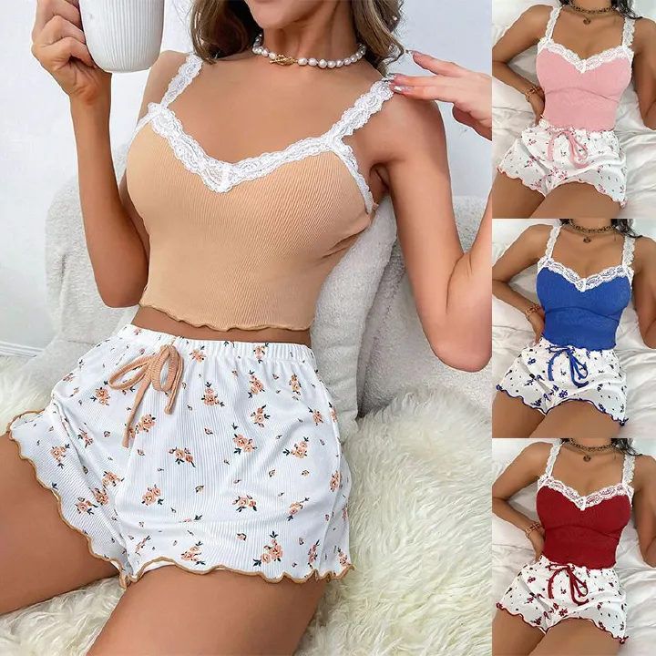 Women 2psc Pajama Set Pink Lace Patchwork V-Neck Sleepwear Sexy Nighties Suit Cami Top Printed Shorts Soft Pyjamas Loungewear
