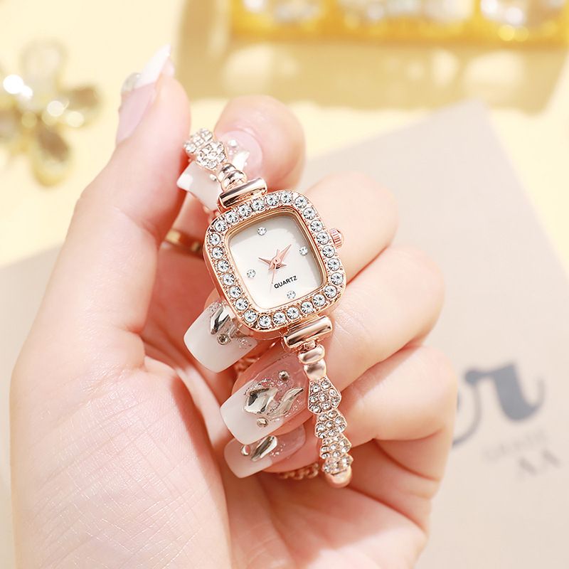 Luxurious Fashionable Square Quartz Watch Women's Full Diamond Bracelet Watch Gift Box Set Two Pieces Chinese Brand Watch