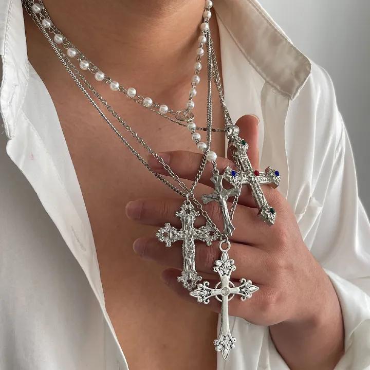 Retro Ethnic Style Men Necklace Silver Golden Cross Pendant Necklace Jewelry Accessories Pearl Rhinestone Necklace Male