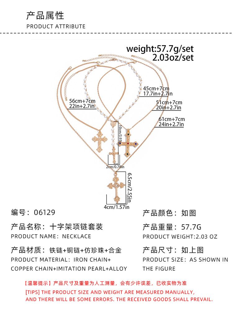 Retro Ethnic Style Men Necklace Silver Golden Cross Pendant Necklace Jewelry Accessories Pearl Rhinestone Necklace Male