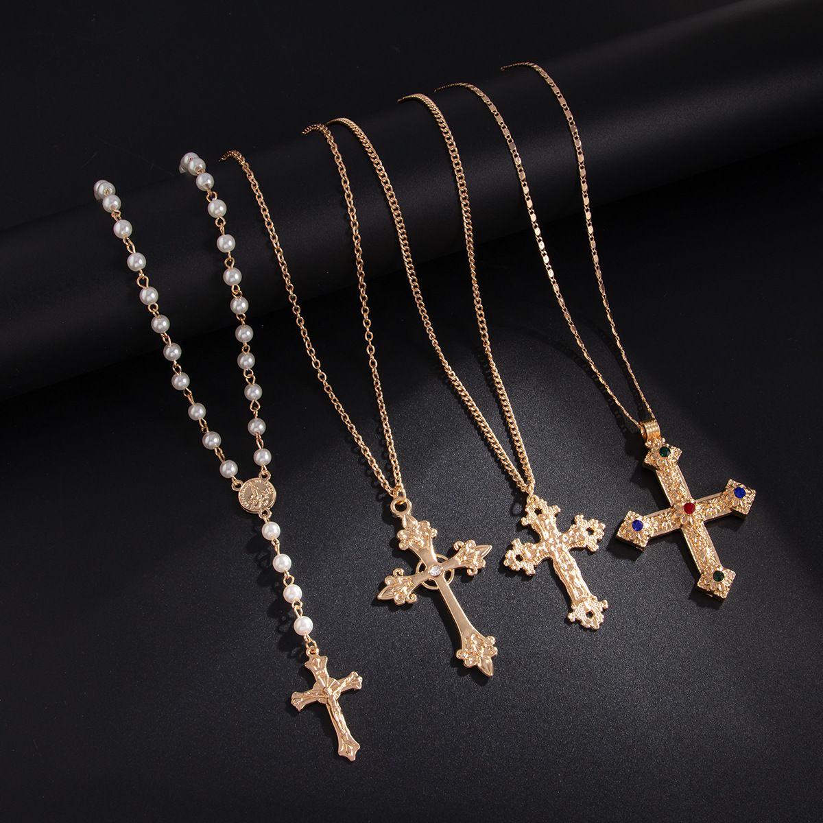 Retro Ethnic Style Men Necklace Silver Golden Cross Pendant Necklace Jewelry Accessories Pearl Rhinestone Necklace Male