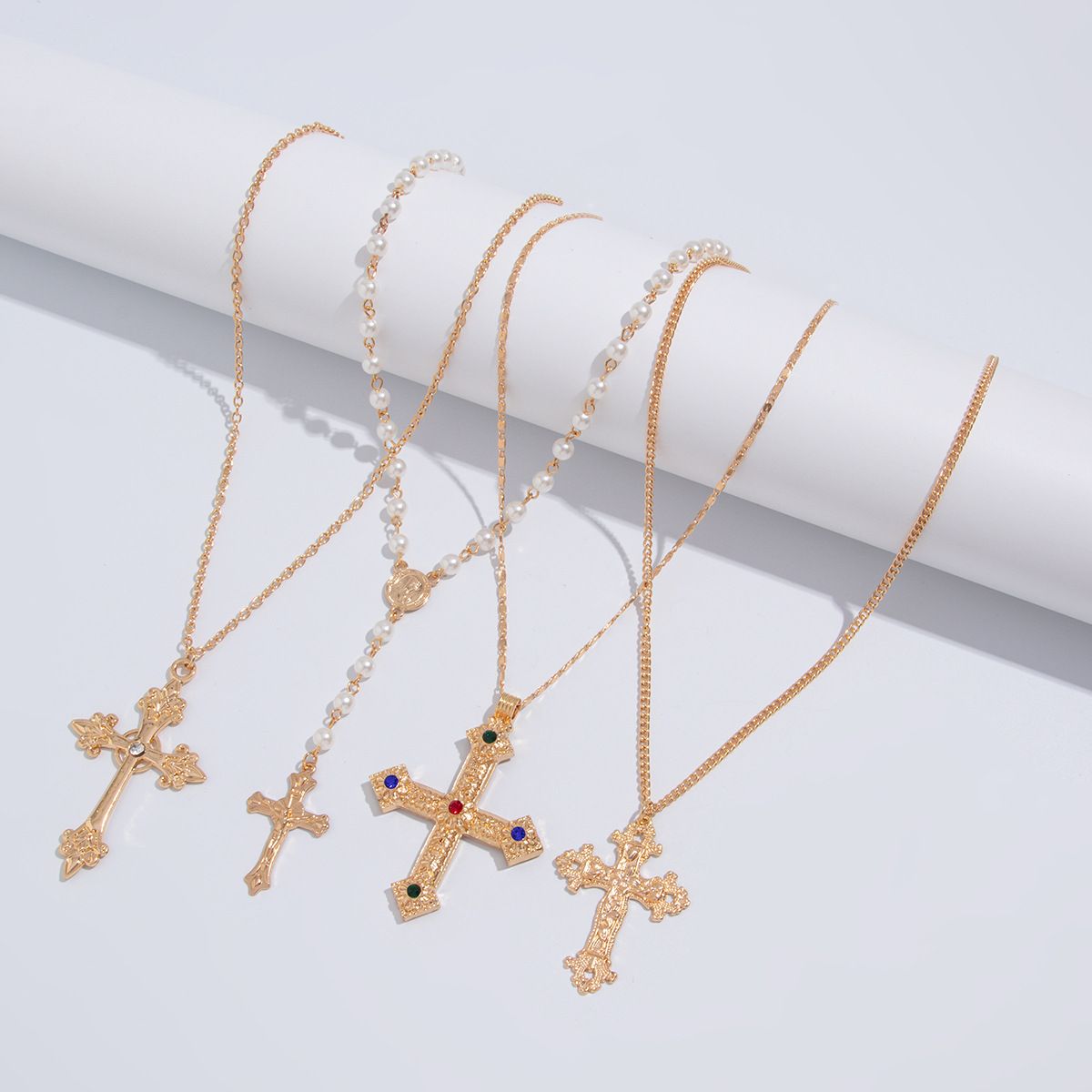Retro Ethnic Style Men Necklace Silver Golden Cross Pendant Necklace Jewelry Accessories Pearl Rhinestone Necklace Male