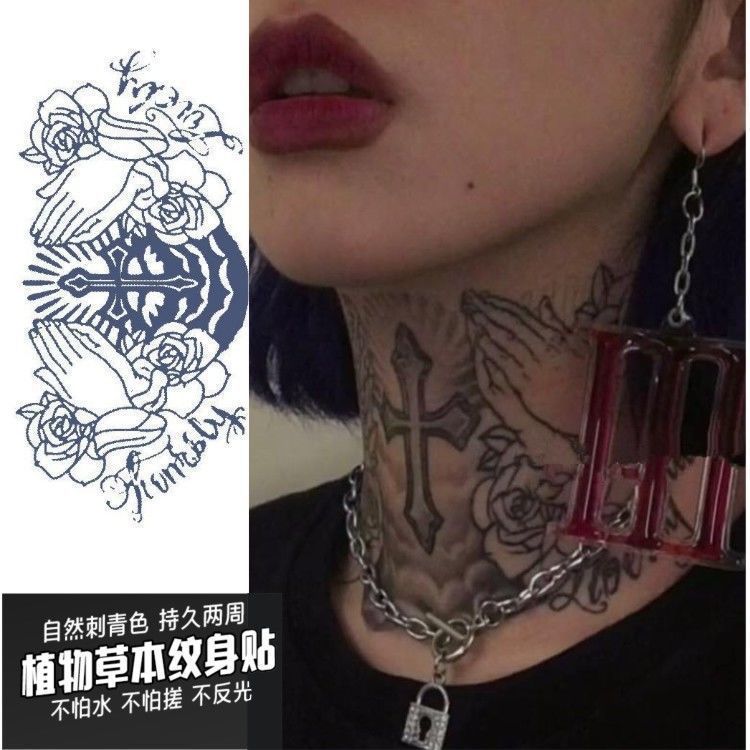 Waterproof temporary tattoo stickers flowers, big hands, folded cross, honest neck flash tattoo fake tattoo suitable for women and men