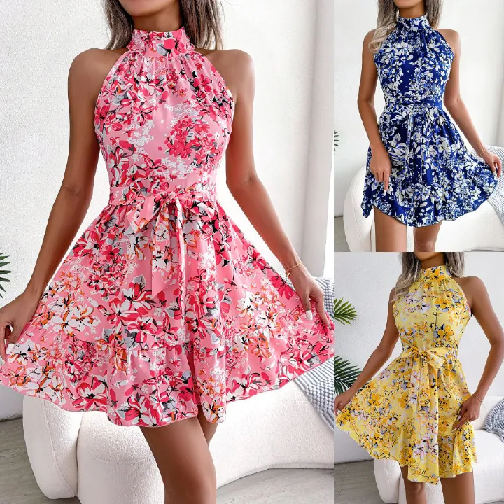 Girls' Summer Dress Chiffon Printed Ruffle Bandage Holiday Beach Sun Skirt Casual Pink Strap Mini Women's Ball Dress 2025 Summer